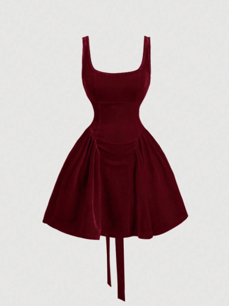 فستان عيد الميلاد أحمر من النسيج المخملي الرجعي للنساء